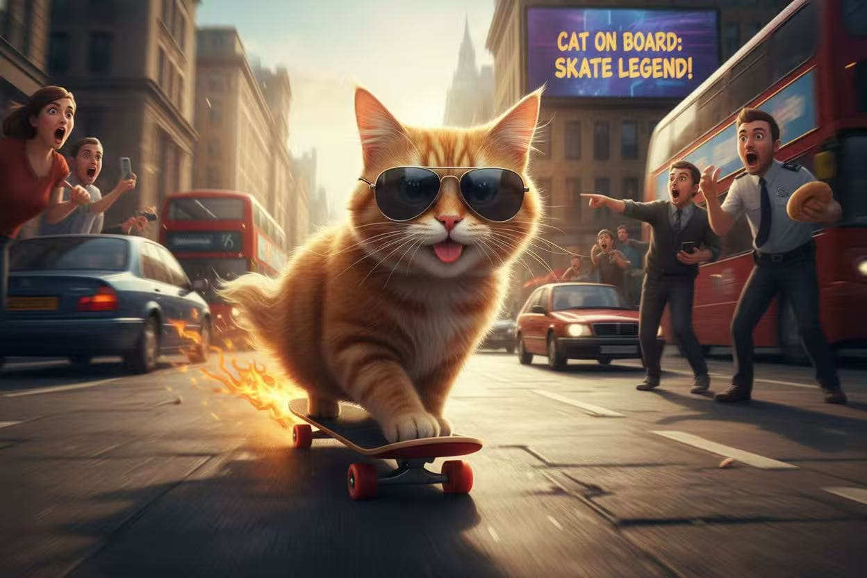 A cat wearing sunglasses riding a skateboard