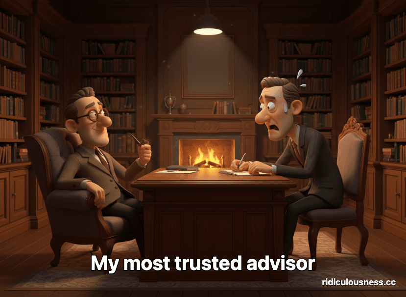 A 3D cartoon of two identical men in a formal library. One, dressed as an advisor, sits calmly, while the other, dressed as an advisee, leans forward anxiously, taking notes