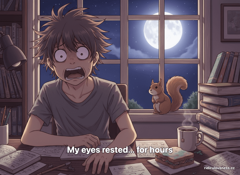 An anime-style image of a person waking up abruptly at a desk, eyes wide in shock, as the outside window shows a night sky after they fell asleep during the day