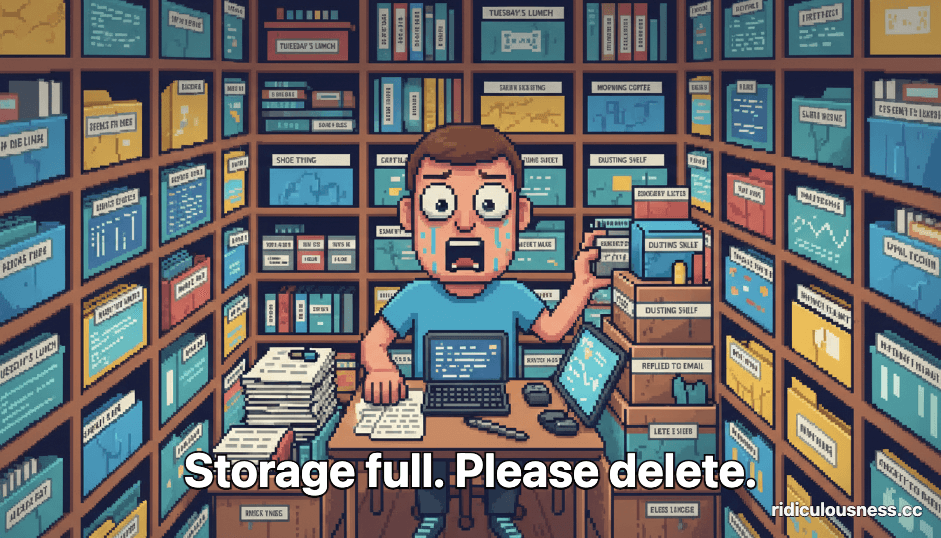 A pixel art image showing a person with bulging eyes and sweat, sitting at a desk in a room completely filled with meticulously organized boxes and screens representing every memory, looking overwhelmed