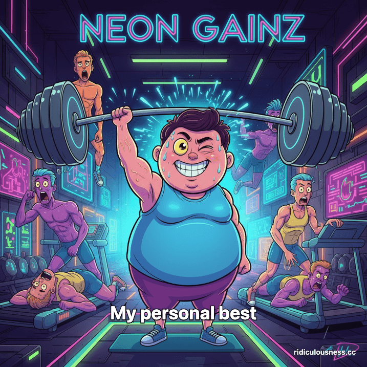 A spherical, neon-glowing person in a neon gym, struggling with a tiny weight but looking triumphant, while other fit, glowing figures stare in disbelief with exaggerated expressions