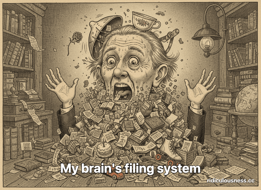 A vintage illustration of an elderly person whose head is overflowing with various objects representing memories, such as books, toys, and receipts, in a cluttered study. The person has an overwhelmed expression with wide eyes and open mouth