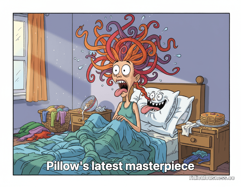 A person waking up in bed with extremely messy, gravity-defying hair, looking shocked. Their pillow appears to have styled their hair into a bizarre shape. The bedroom is messy