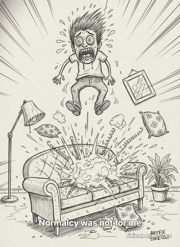 A sketch drawing of a person in mid-air, with an exaggerated expression of panic, eyes bulging and sweat flying, as a beige sofa beneath them explodes into springs and cushions. The pristine living room around them shows signs of immediate cartoon chaos.