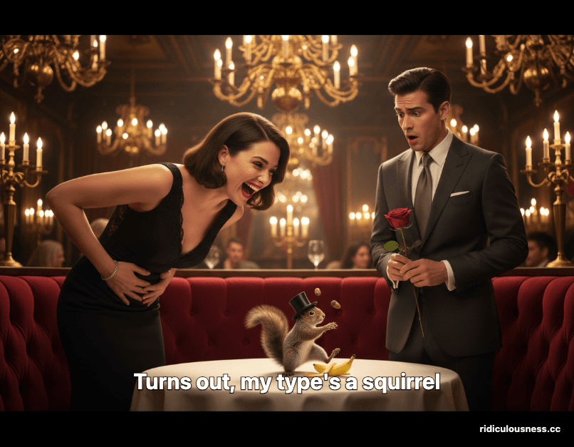 A woman laughing hysterically at a squirrel performing slapstick on a restaurant table, while a man looks confused