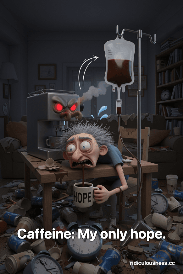 A 3D cartoon of a disheveled person with wild bed hair and baggy eyes, slumped at a messy table, receiving coffee intravenously from an aggressive, steaming espresso machine. They clutch a 'HOPE' mug.