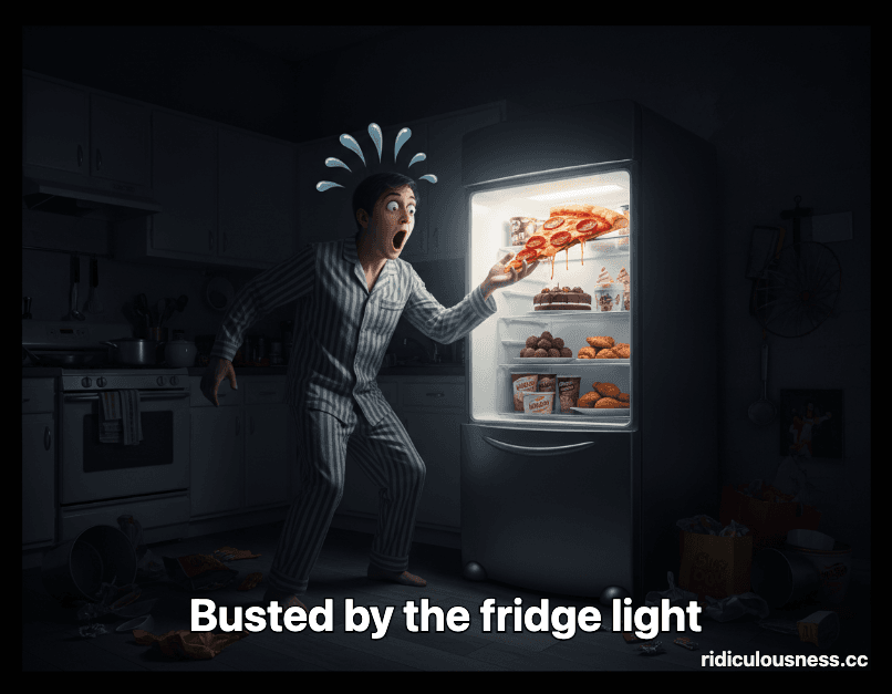 A person in pajamas is caught by a bright fridge light while reaching for snacks, with an exaggerated look of shock and panic