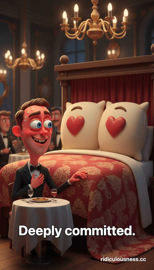 A 3D cartoon image of a person on a romantic dinner date with an anthropomorphic bed in a fancy restaurant. The person is blushing intensely, looking smitten and slightly overwhelmed.