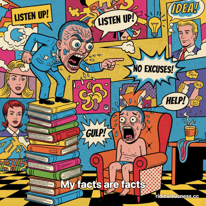 A Pop Art illustration of a person aggressively lecturing another person who looks terrified in a colorful office