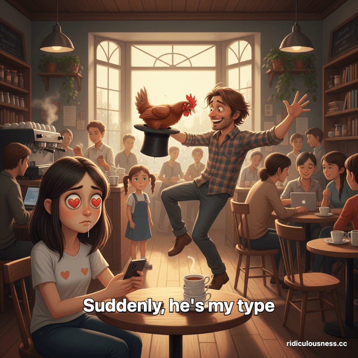 A woman in a coffee shop looking smitten with bulging eyes and a goofy grin at a man who comically failed a magic trick, pulling a chicken from a hat