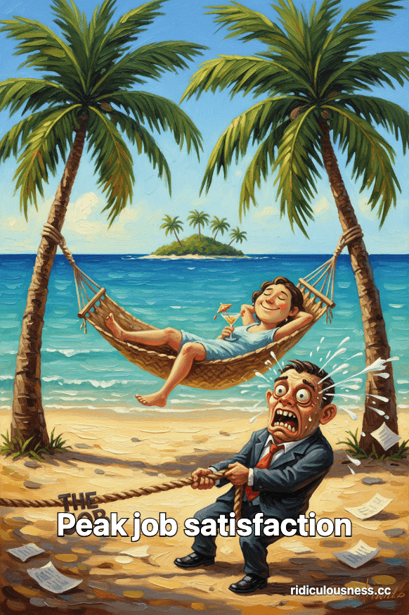 An oil painting of a person blissfully relaxing in a hammock on a tropical beach, while a giant, cartoonishly stressed office worker tries to pull them away with a rope