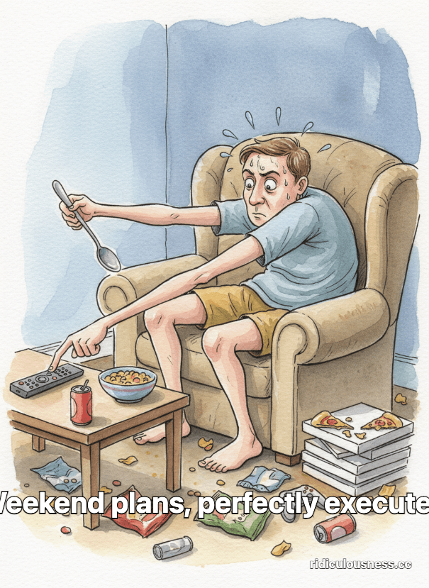 A person in a plush armchair, contorted in an exaggerated way to reach items without standing up, surrounded by a messy living room